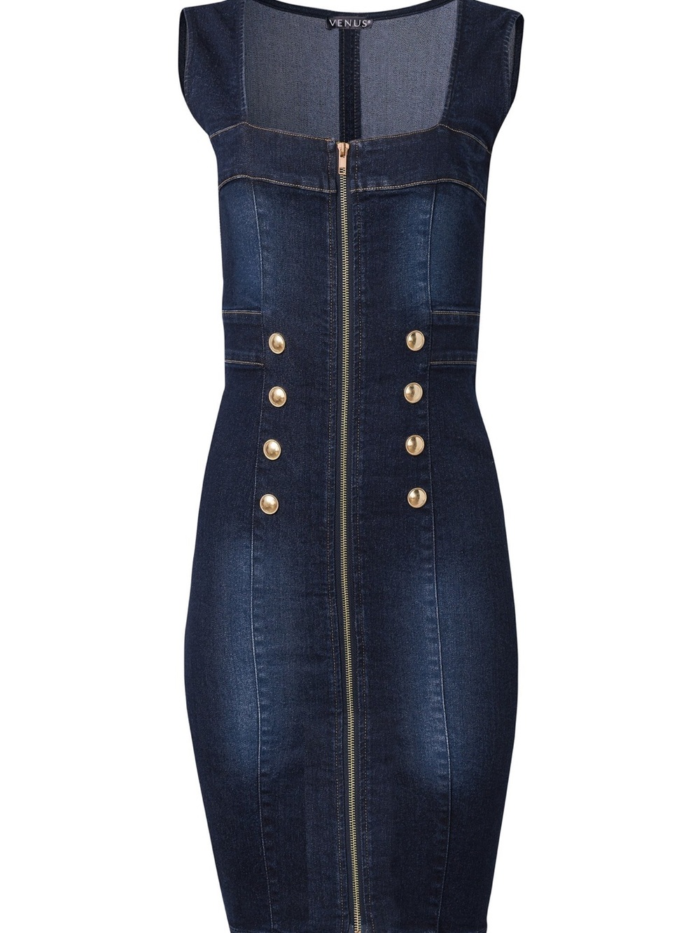 VENUS Dark Indigo Denim Zip-Front Women's Dress with Gold Buttons